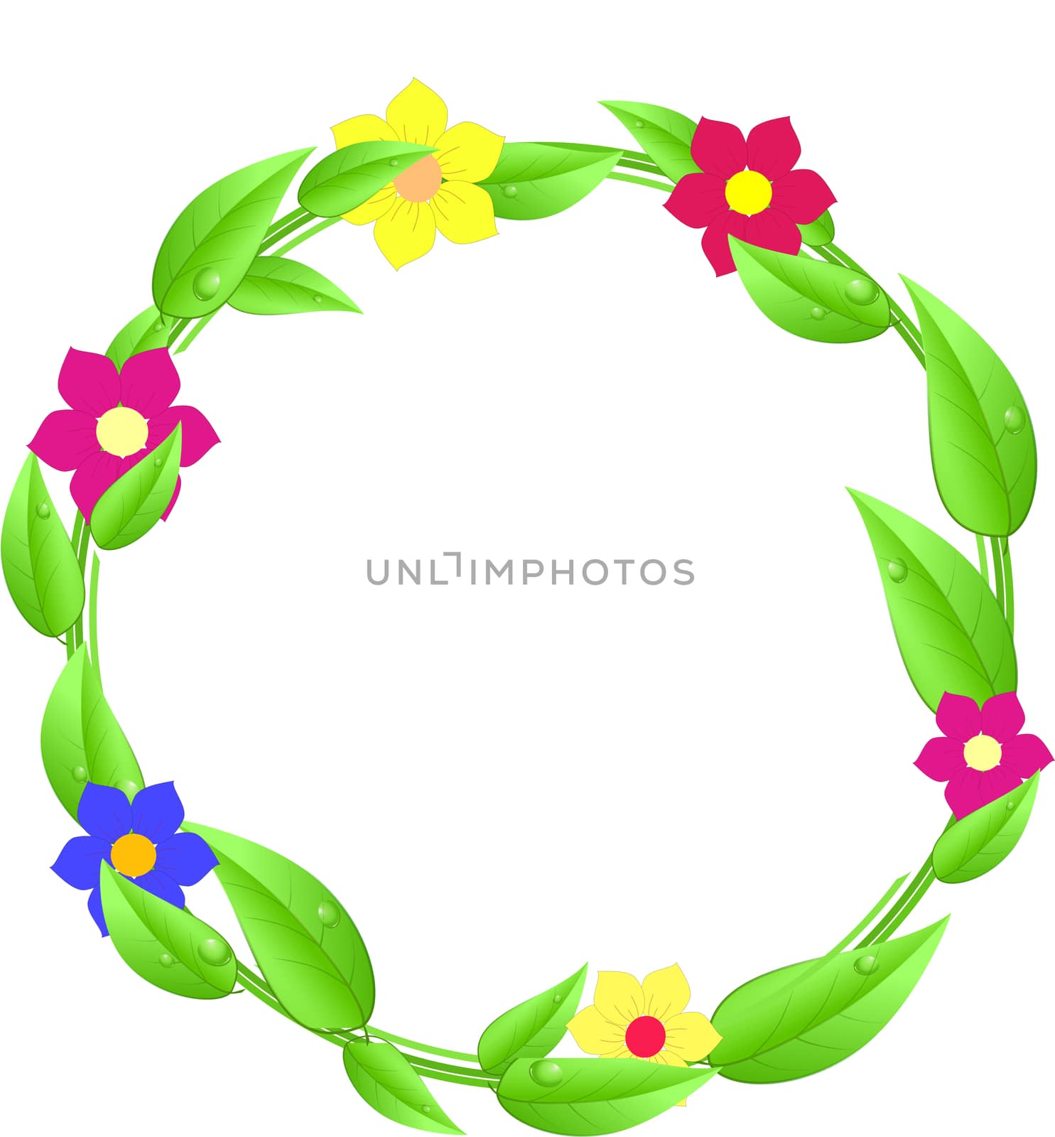 Round,circle made of green leaves and flowers with white text space isolated on a white background