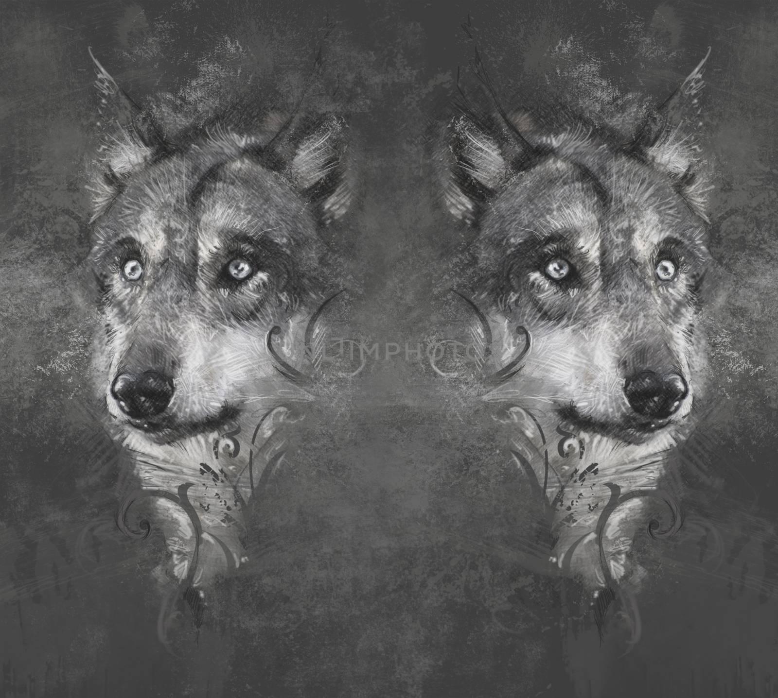 Wolfs. Tattoo design over grey background. textured backdrop. Ar by FernandoCortes