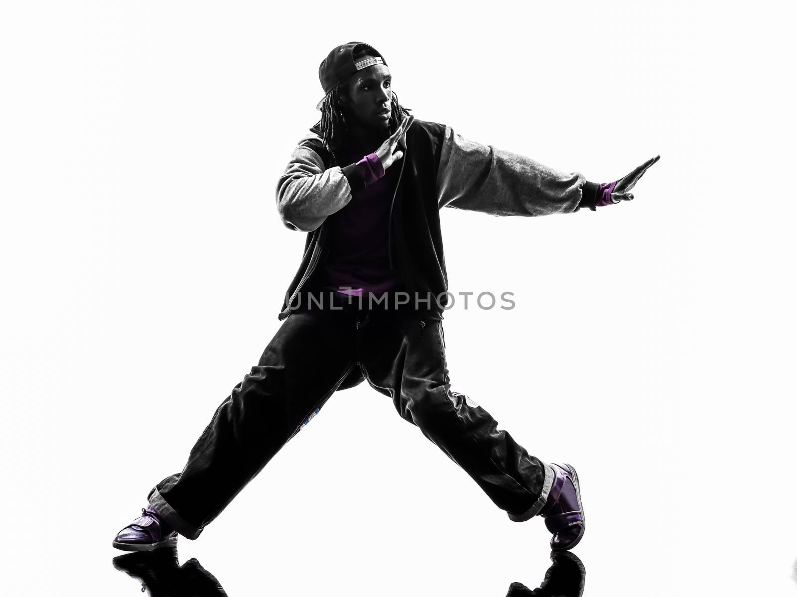 one hip hop acrobatic break dancer breakdancing young man silhouette white background