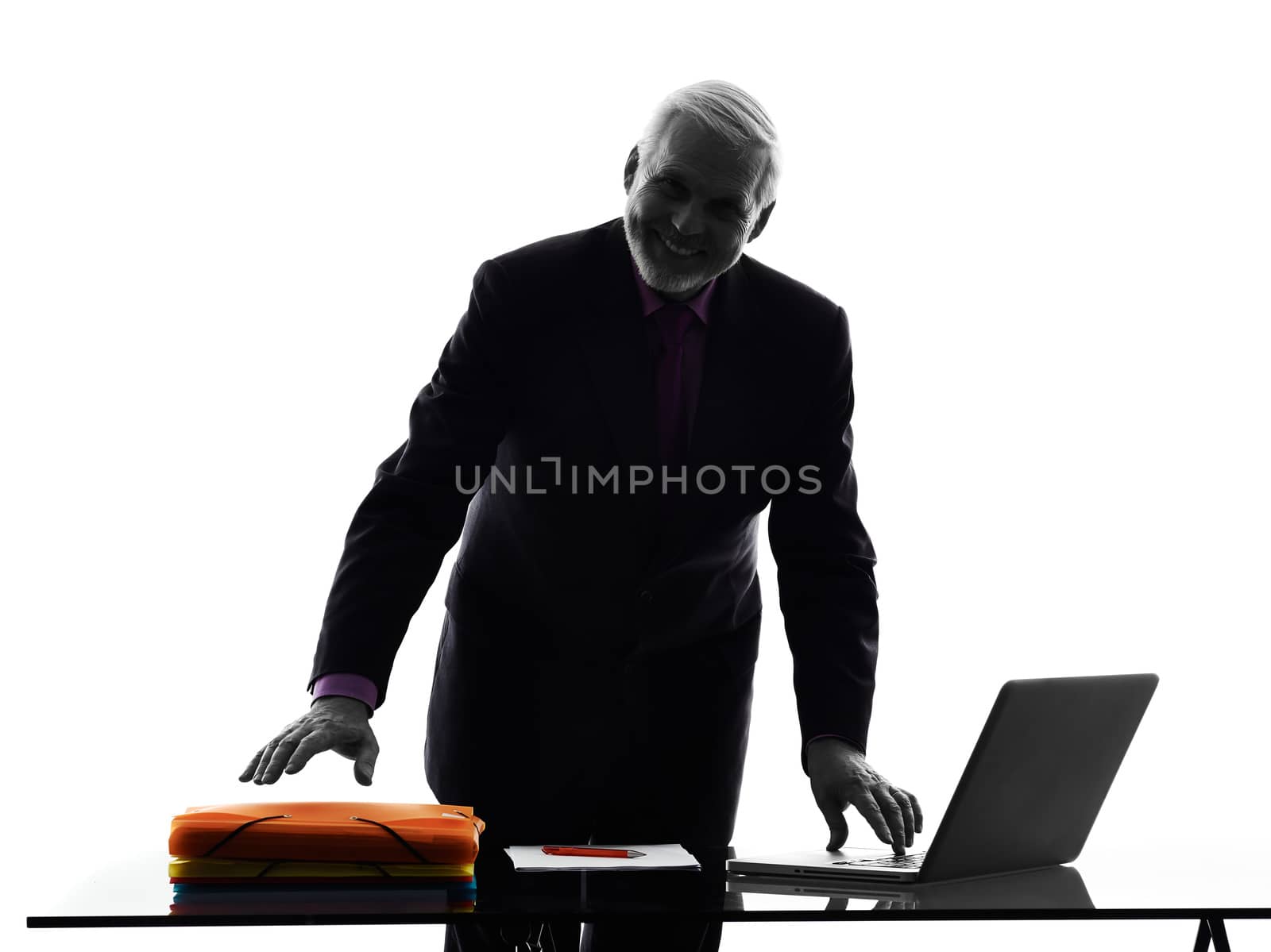 One Caucasian Senior Business Man friendly smiling   Silhouette White Background