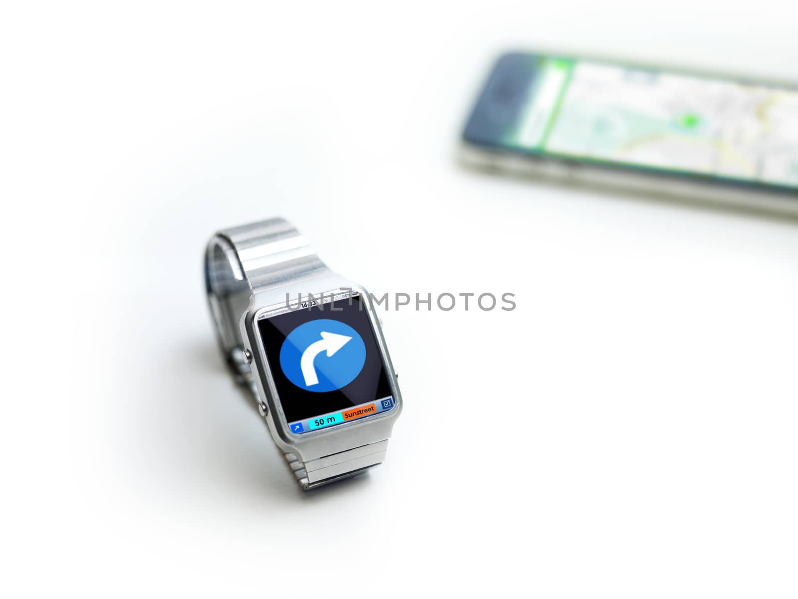 concept of data watch, so called smart watch or iwatch. connects via bluetooth to smartphone