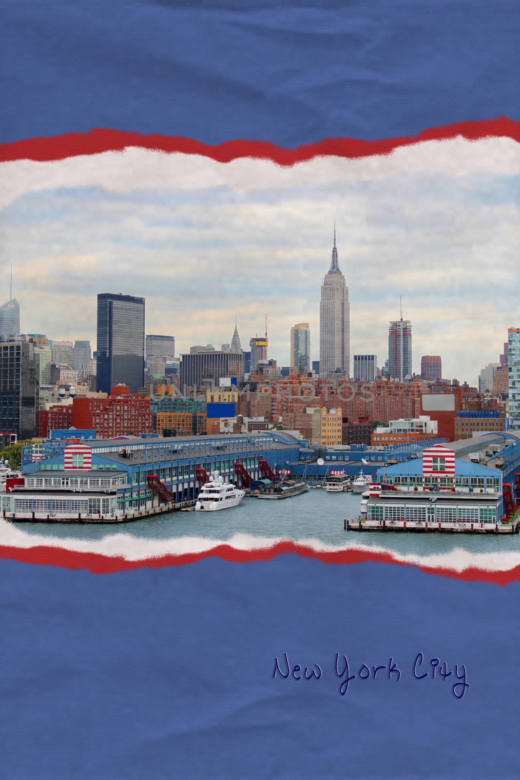 Ripped textured paper in red, white and blue, an illustration postcard of New York City, New York, USA, 