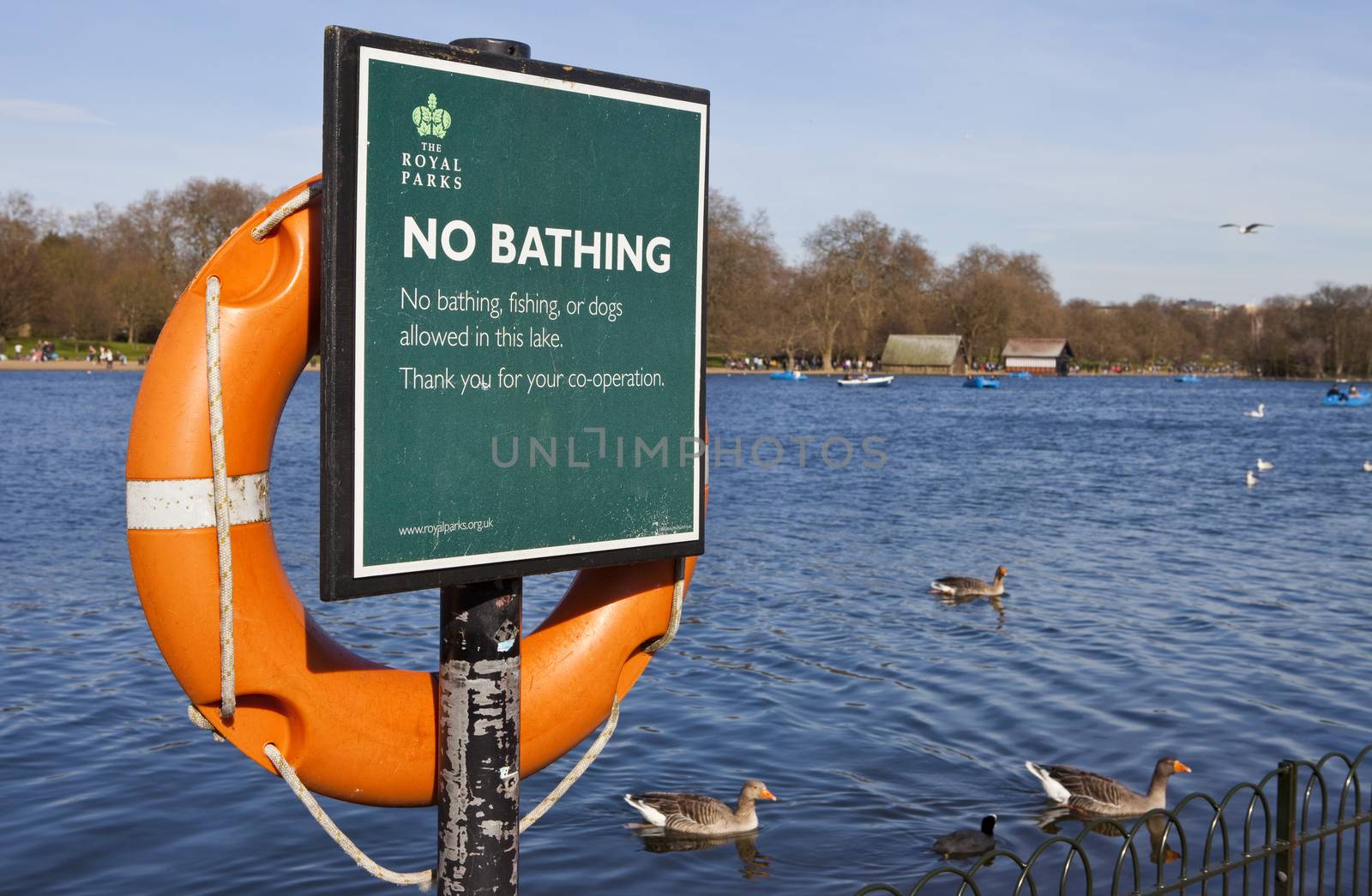 'No bathing' Sign at the Serpentine Lake in London's Hyde Park.