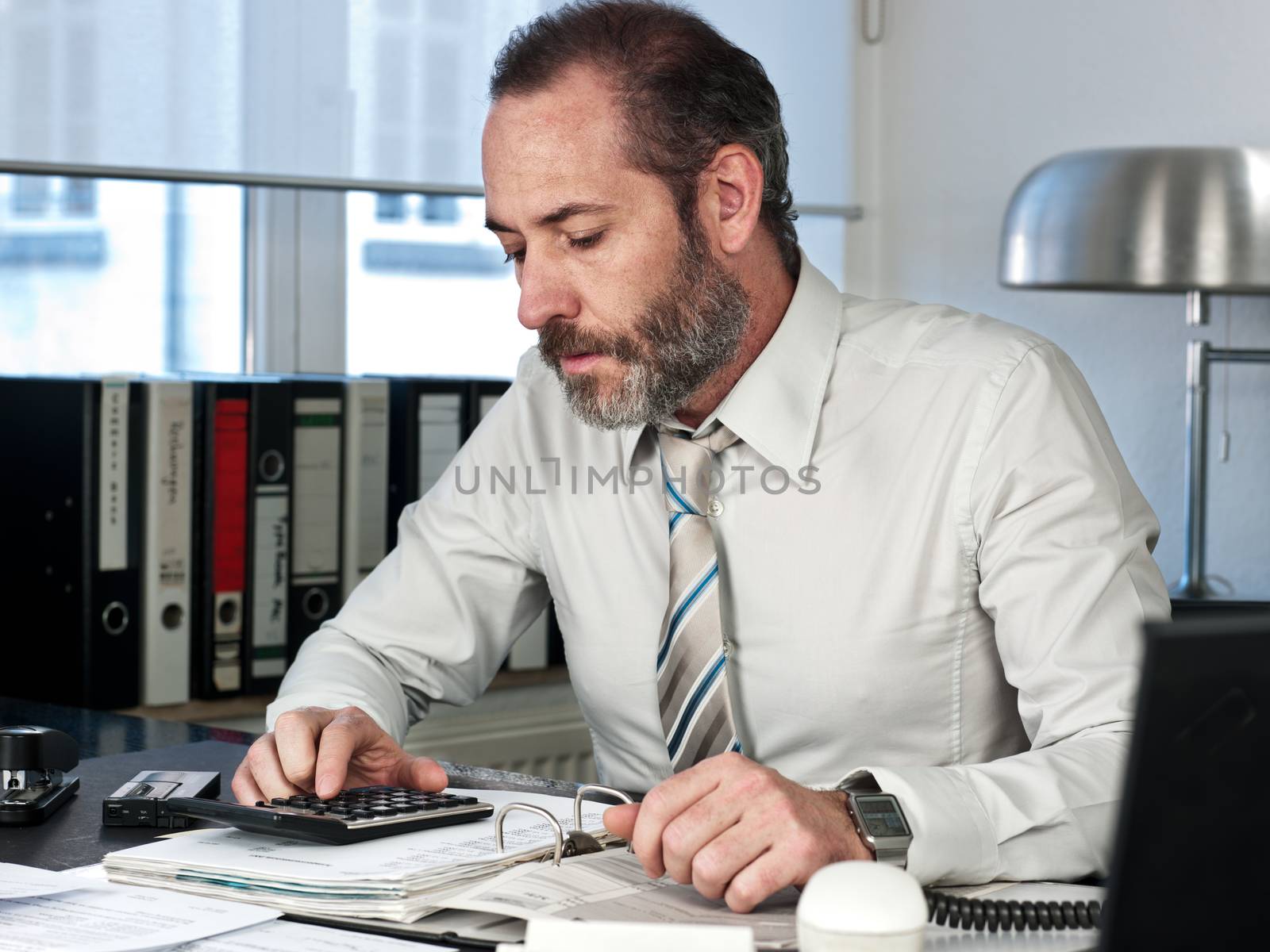 Mature businessman calculating finance. Horizontal shot