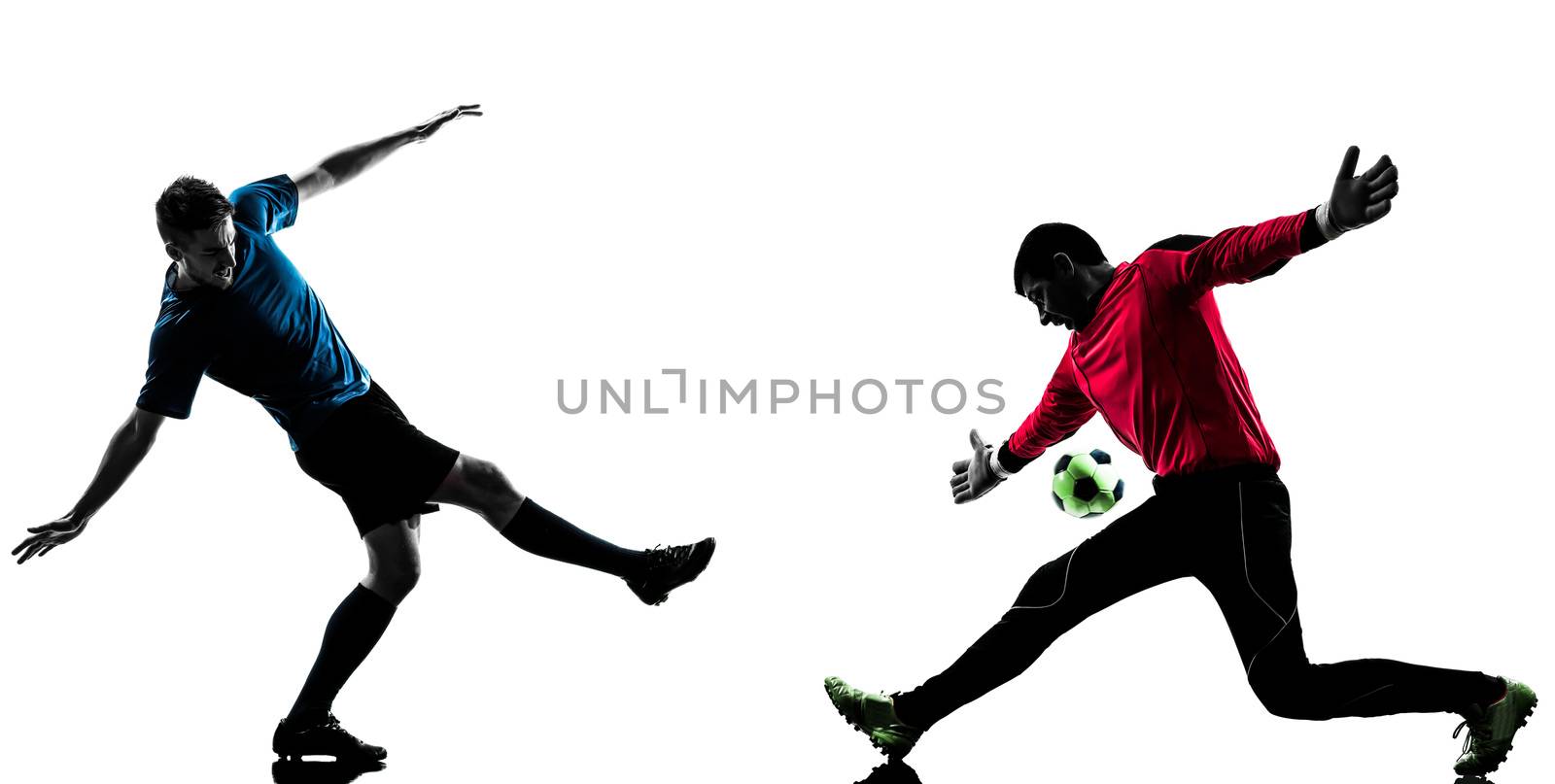 two caucasian soccer player goalkeeper men face to face competition in silhouette isolated white background
