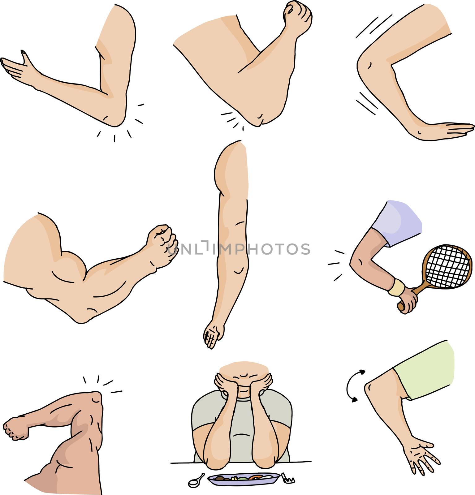 Series of human elbows on isolated white background