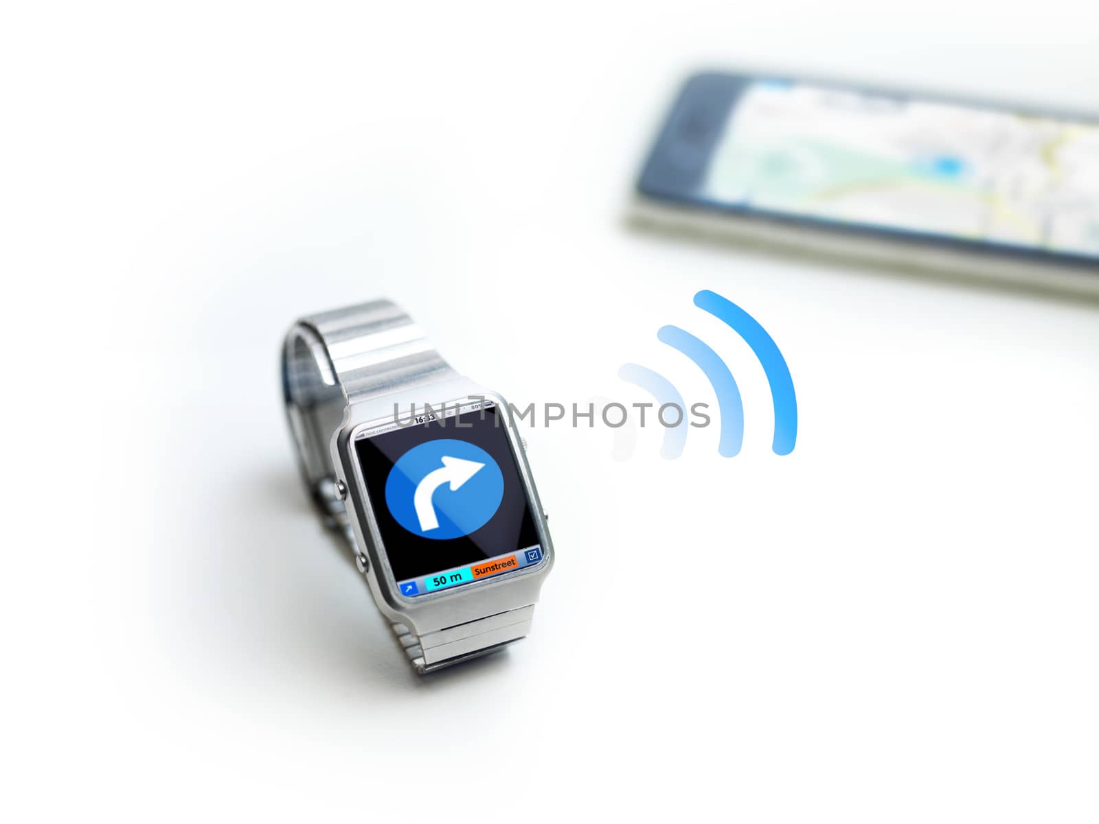 concept of data watch, so called smartwatch or iwatch. connects via bluetooth to smartphone