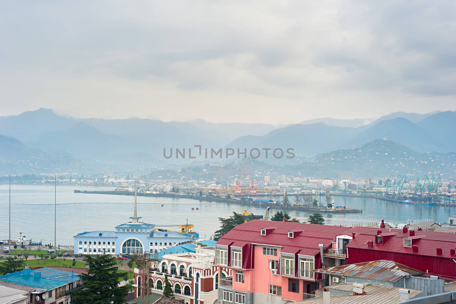 Aerial view of Batumi port , Georgia with mountains on background