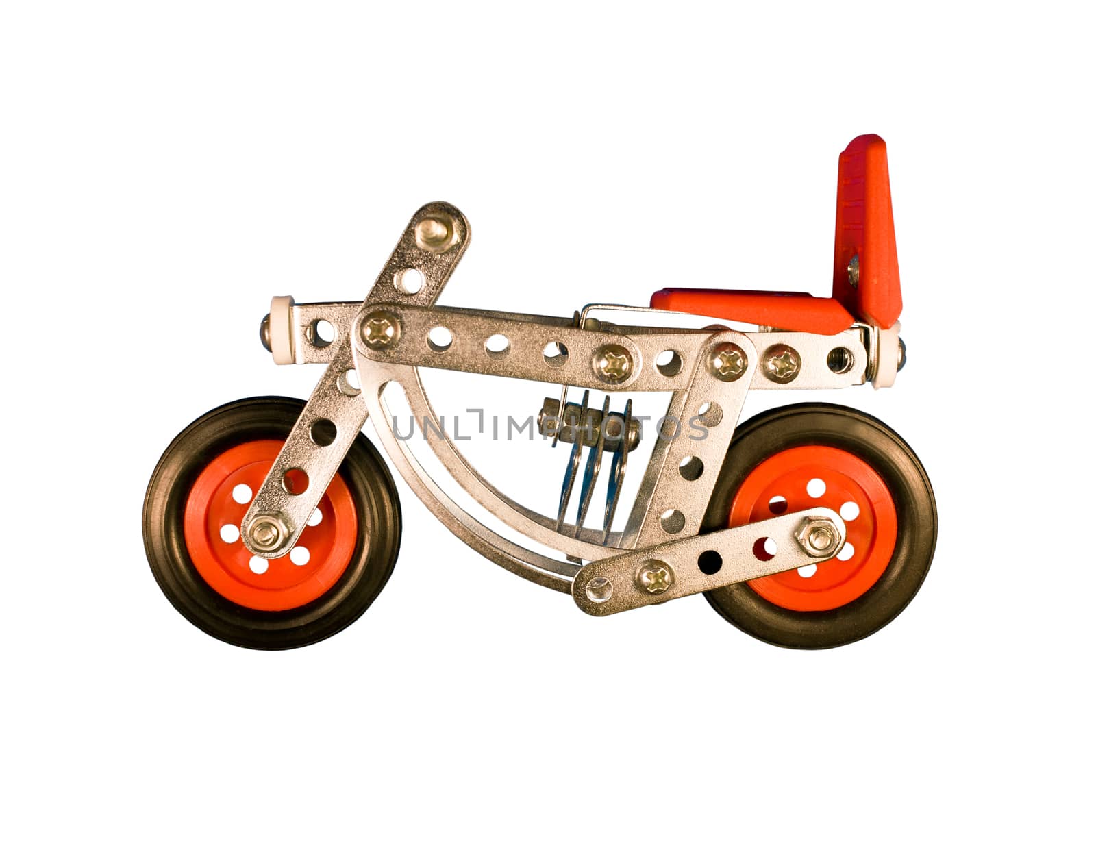 A toy - a two-wheeled motorcycle assembled from metal parts, isolated on white background