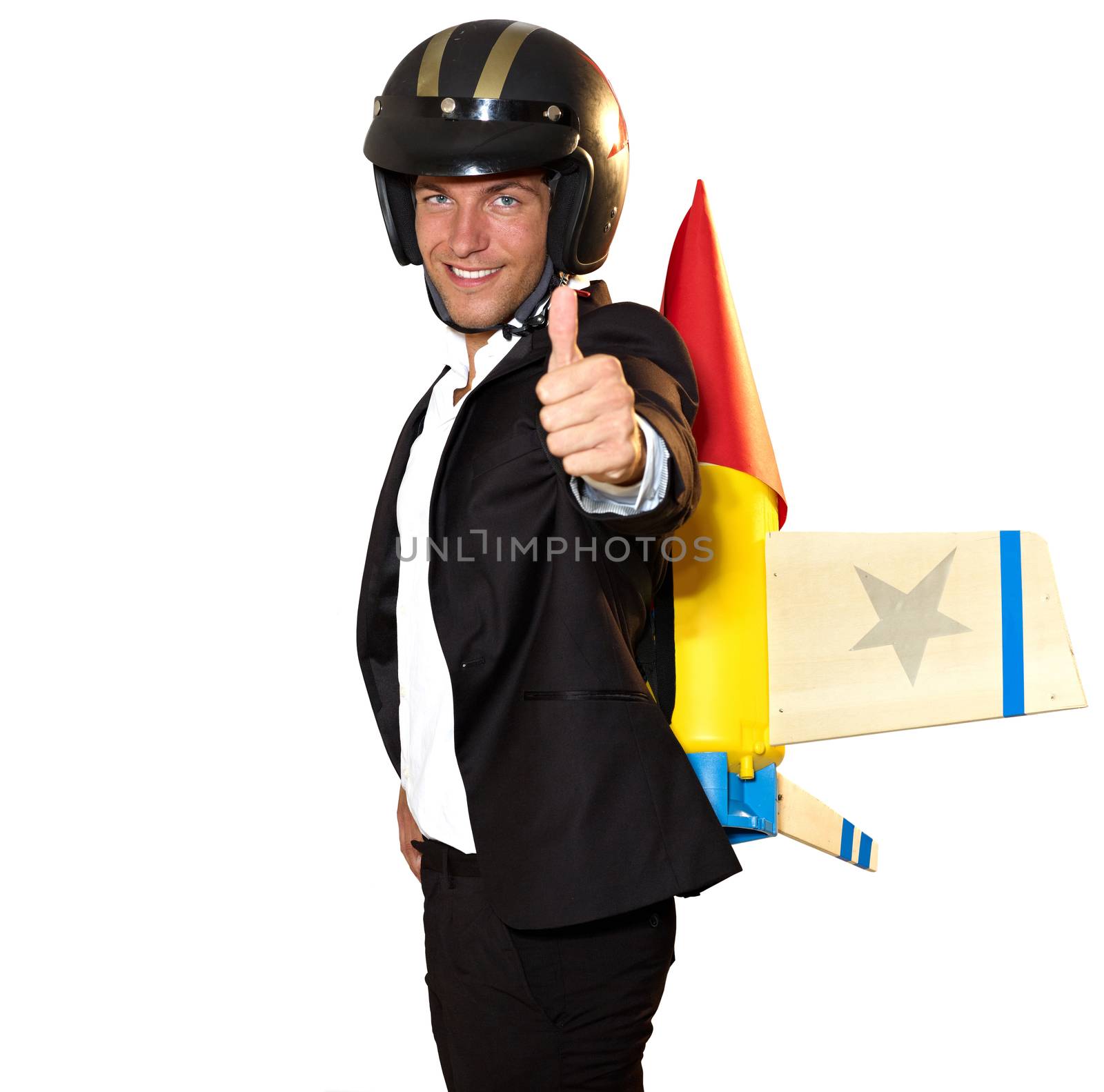 young businessman ready to climb with rocket on his back - isolated on white with clipping path