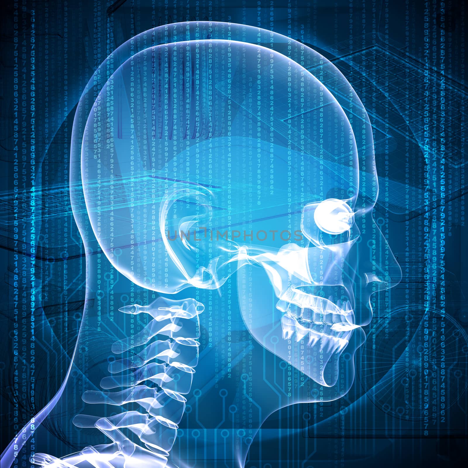 X-ray image of a man's head, graphics and communication in the background