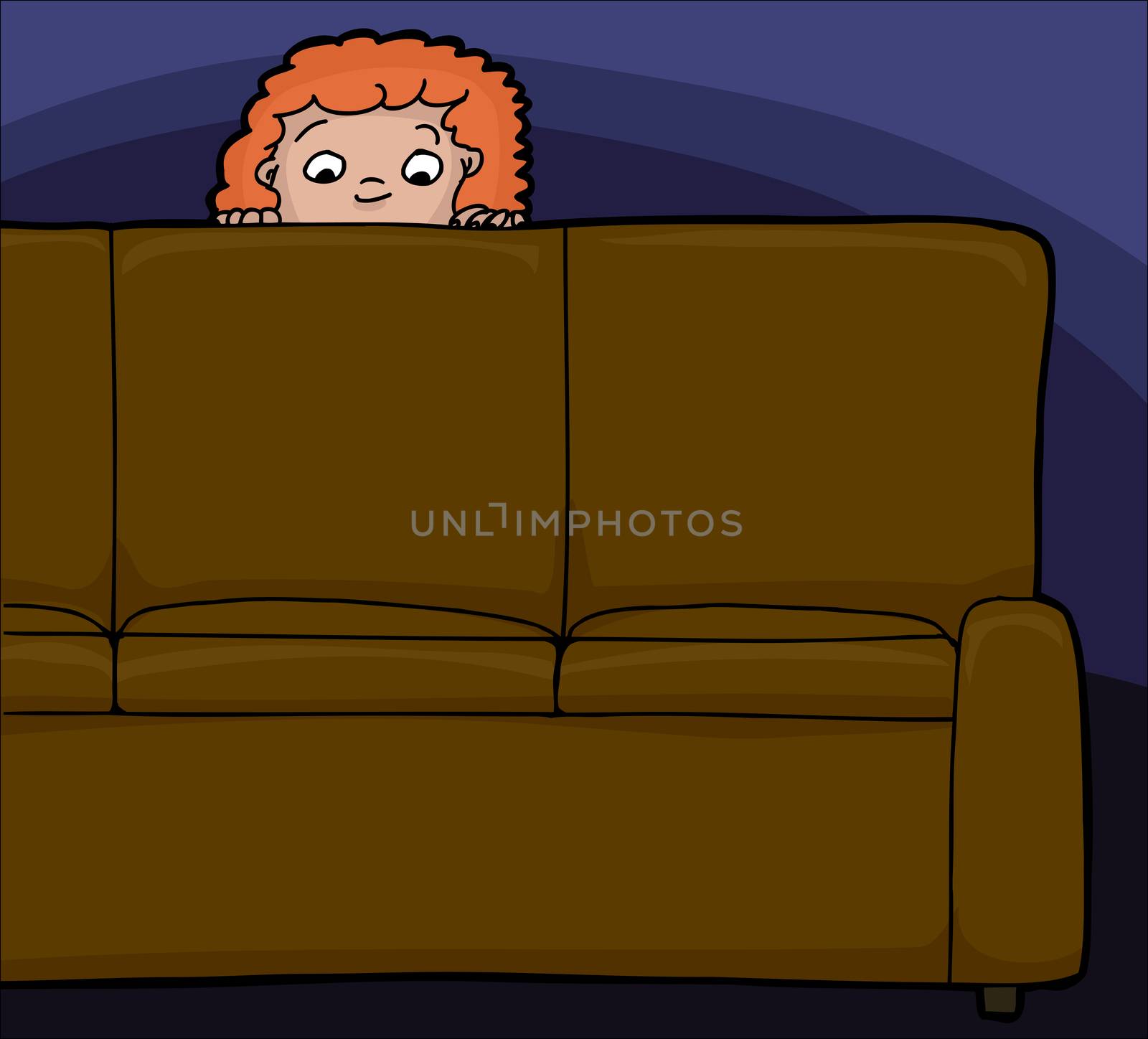 Scared red haired child looking from behind sofa