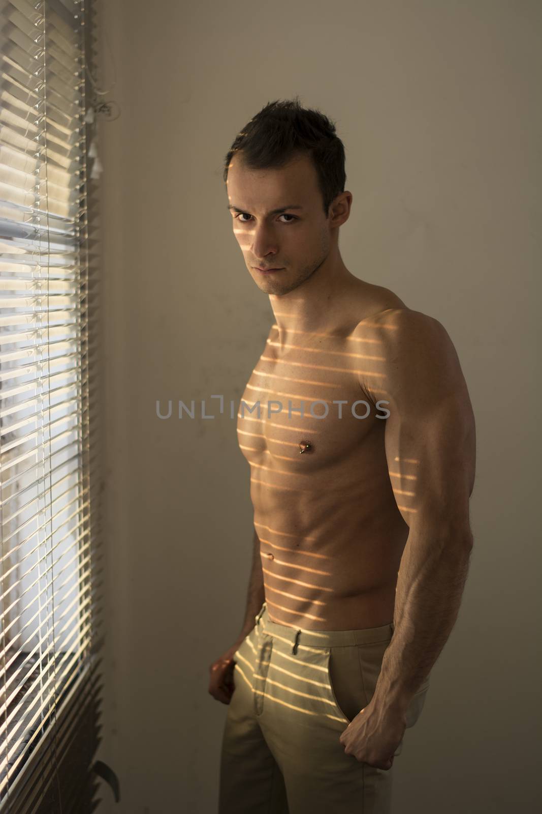Muscular shirtless man lit by sun behind venetian blinds looking at camera