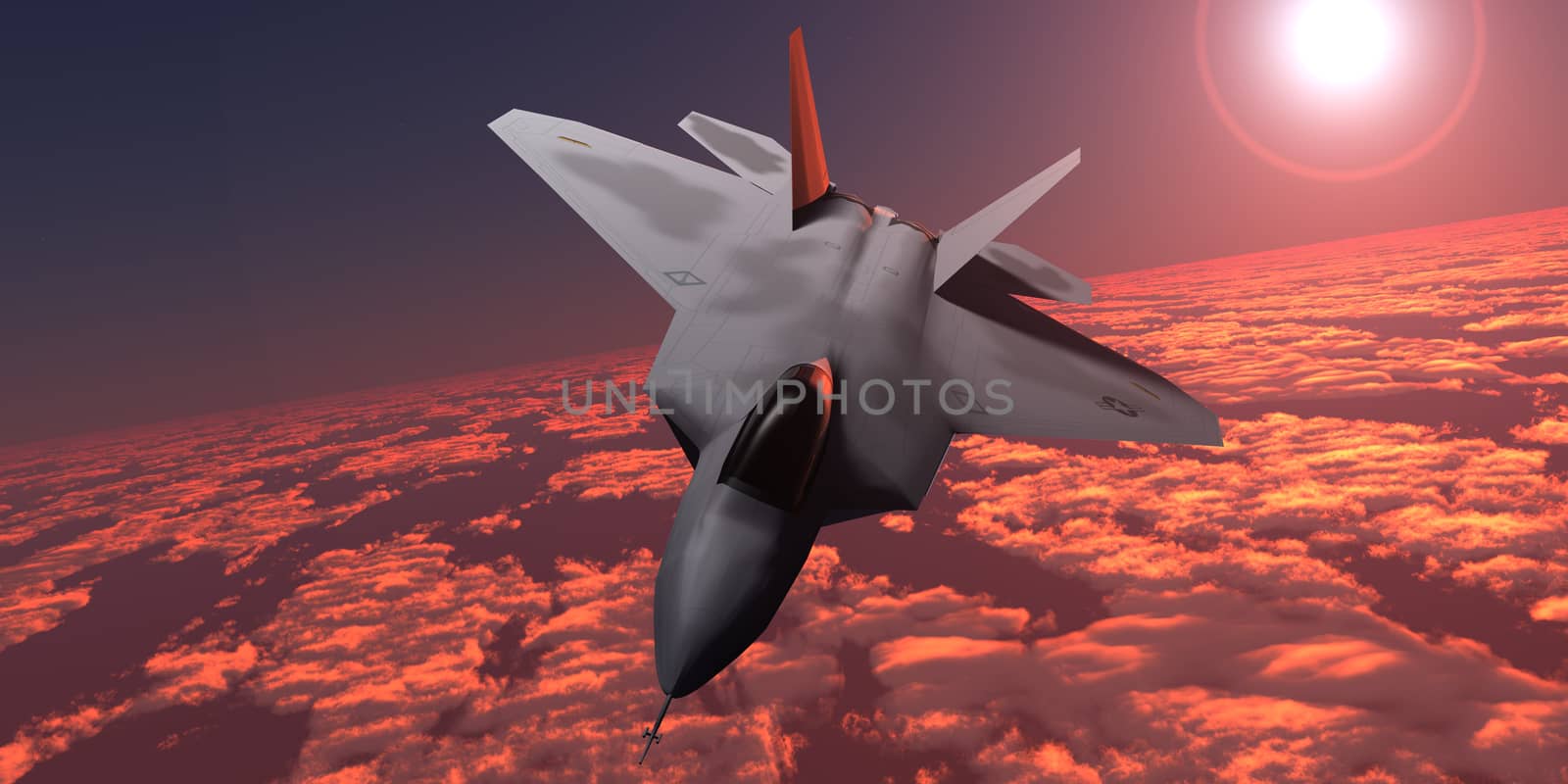 An F-22 fighter jet flies at an altitude above the cloud layer on its mission.