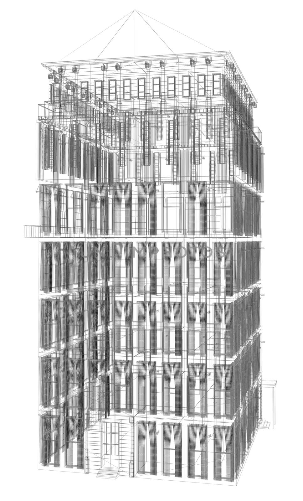 Highly detailed building. Isolated wire-frame render on a white background