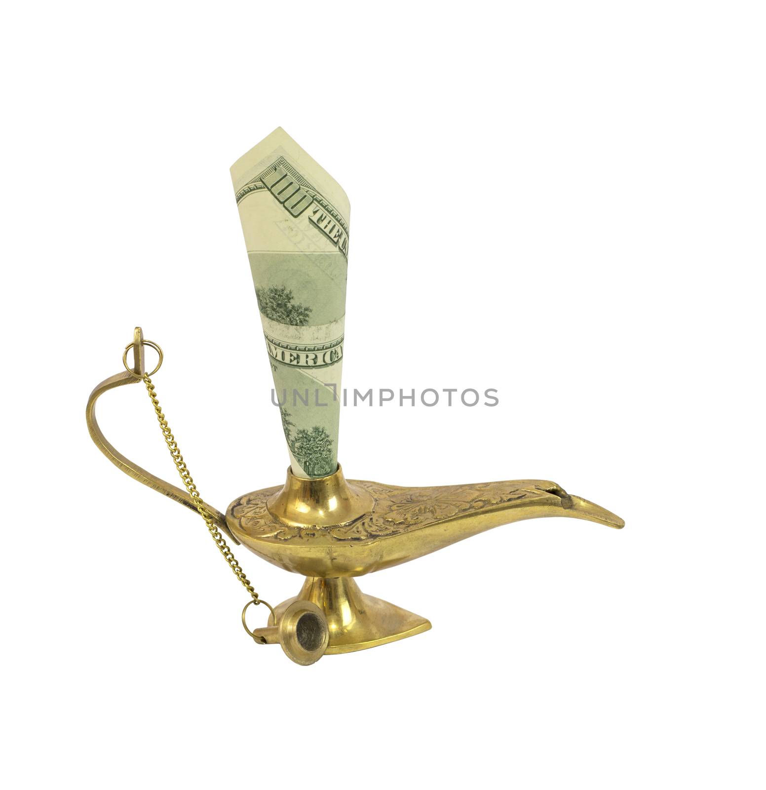 Dollar bill sticking out of magic lamp of Aladdin by cherezoff