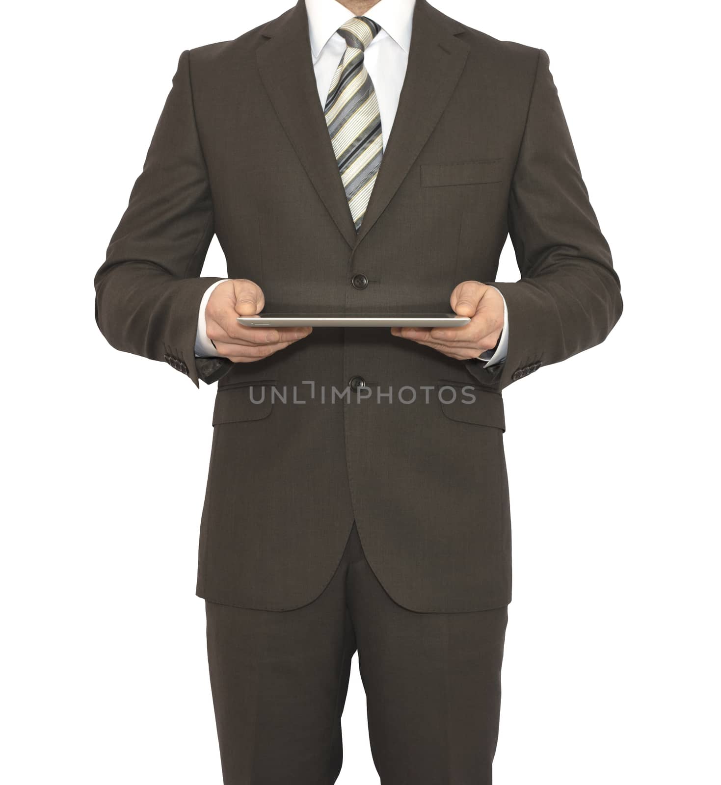 Man in suit holding tablet pc. Crop