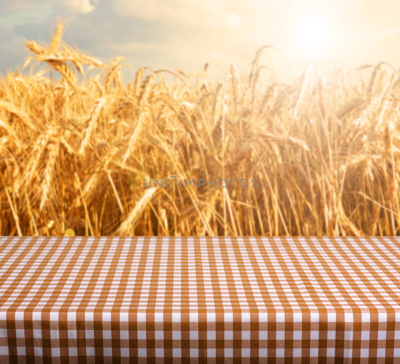 Empty table and defocused wheat field inbackground