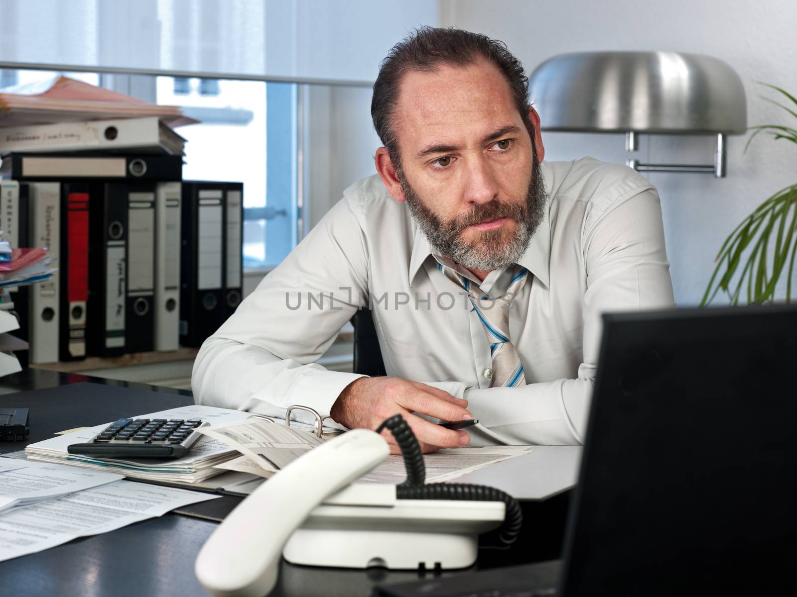 Mature businessman calculating finance. Horizontal shot