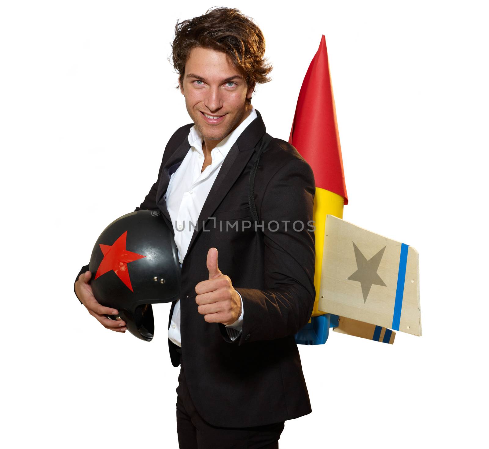 young businessman ready to climb with rocket on his back - isolated on white with clipping path