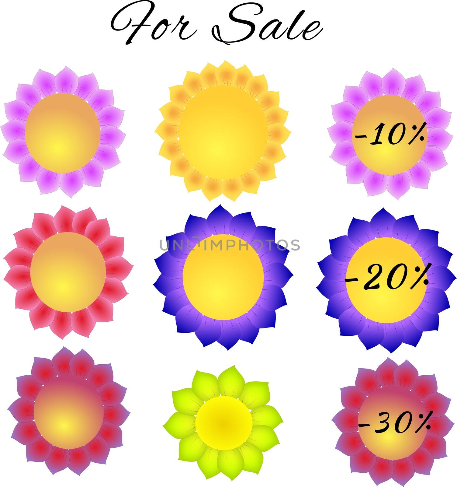 Illustration of paper flowers tags for spring discounts isolated on a white background