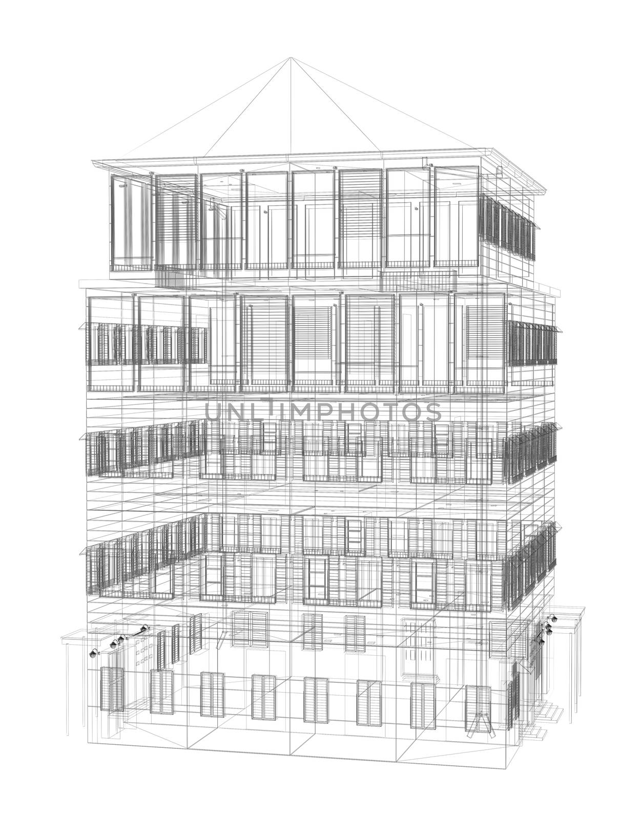 Highly detailed building. Wire-frame render by cherezoff