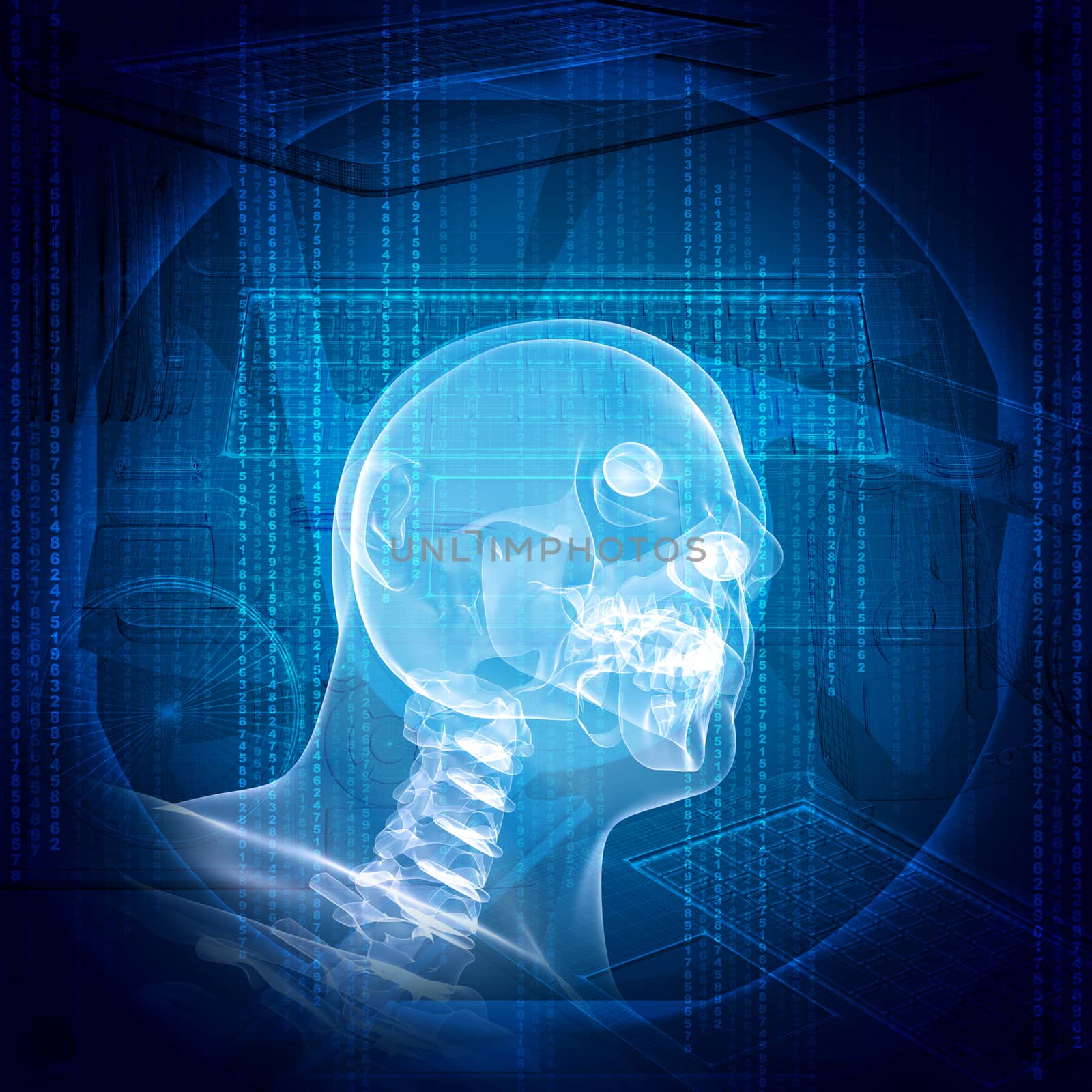 X-ray image of a man's head, graphics and communication in the background