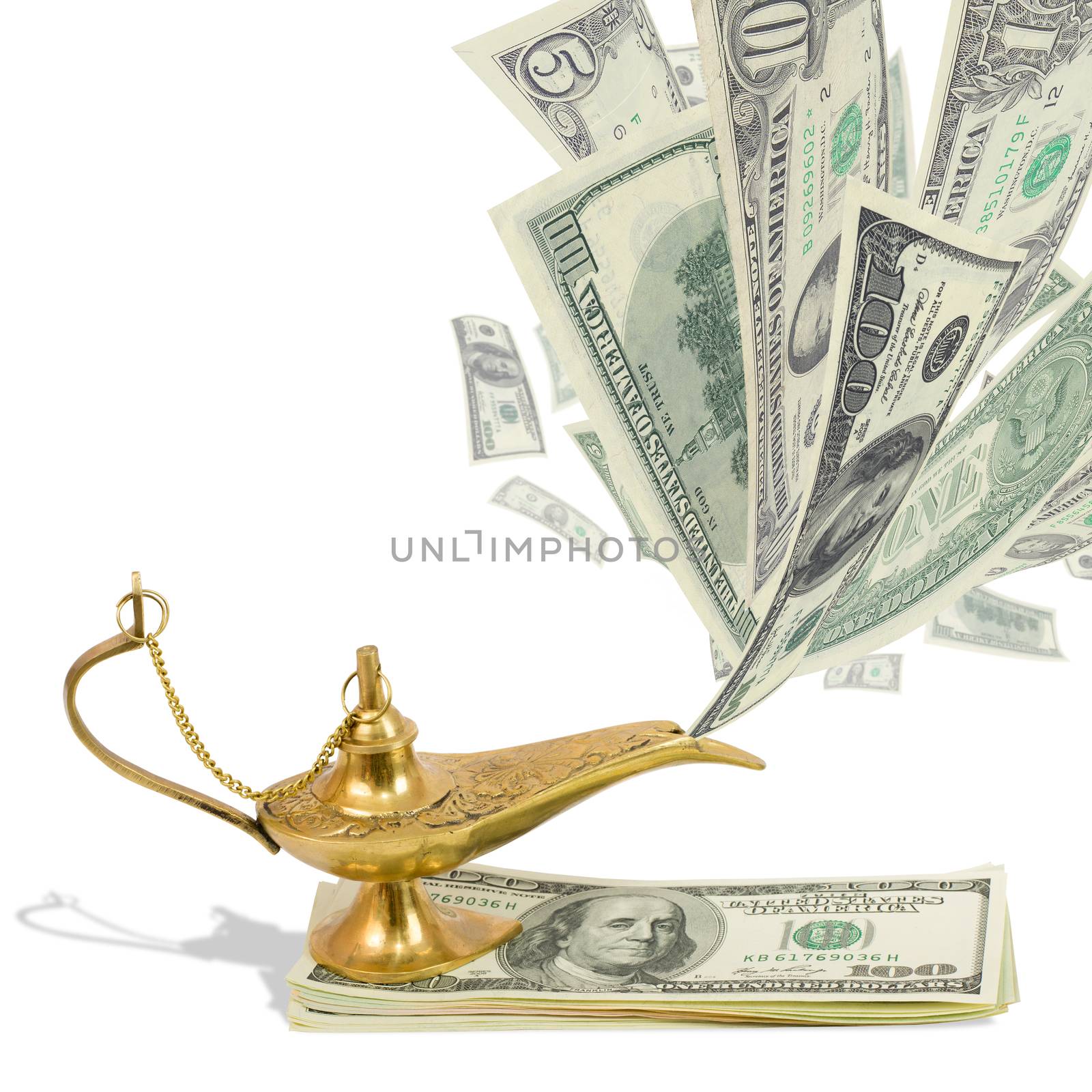 Money fly out of Aladdin's magic lamp. Business concept