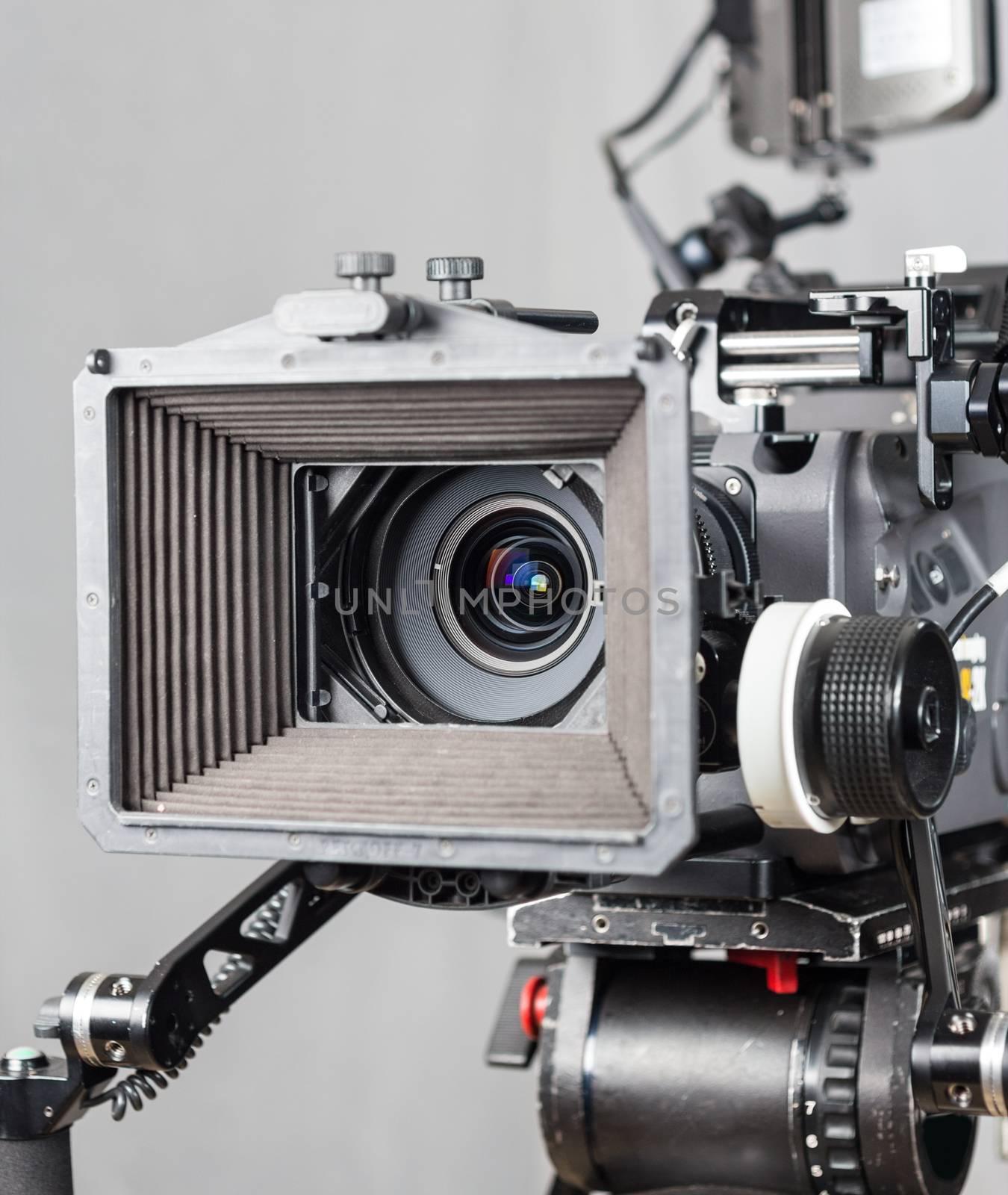 close up of an expensive cinema camera with accesories