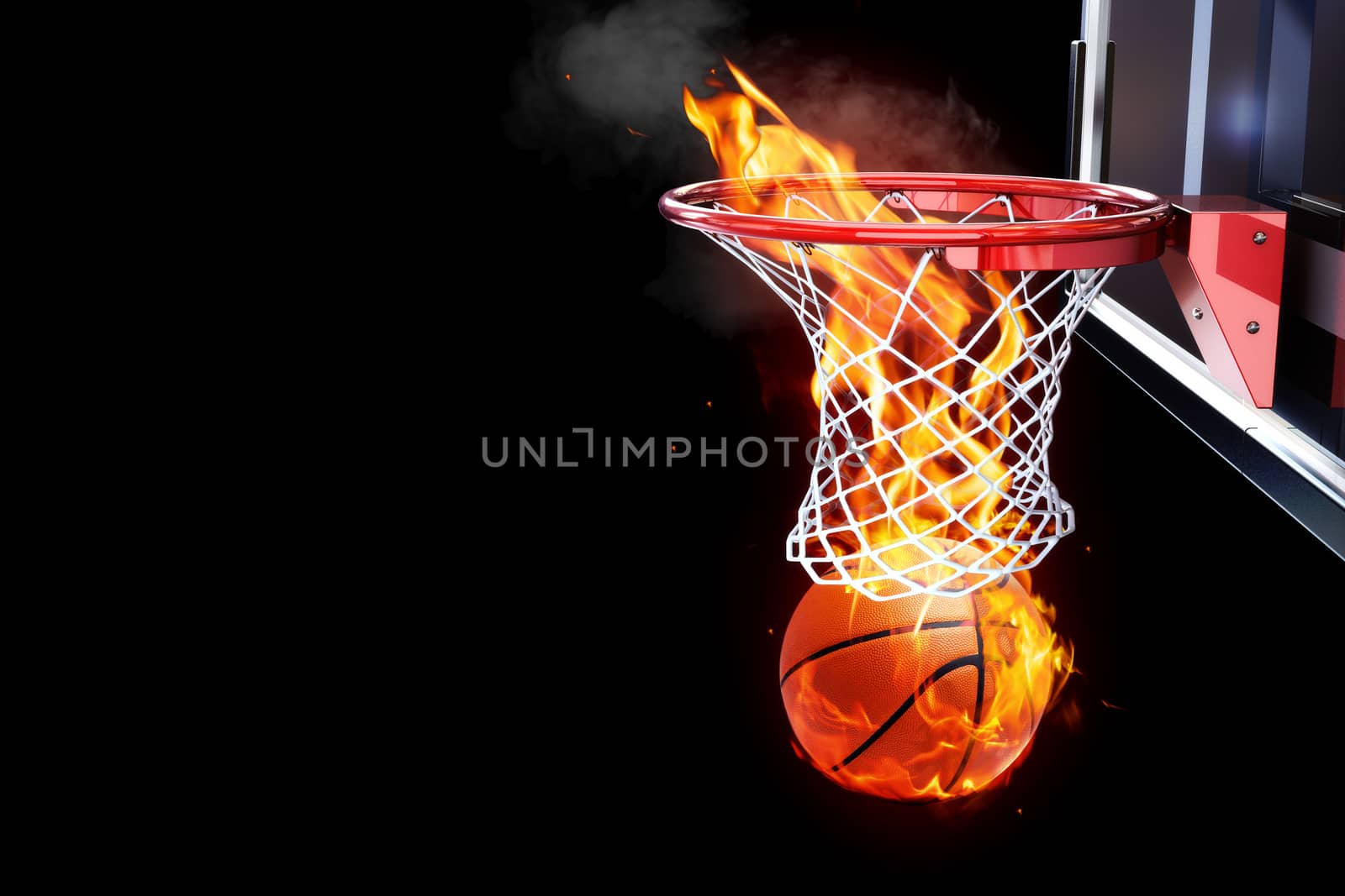 Flaming basketball going through a court net. Room for text or copy space on a black background.