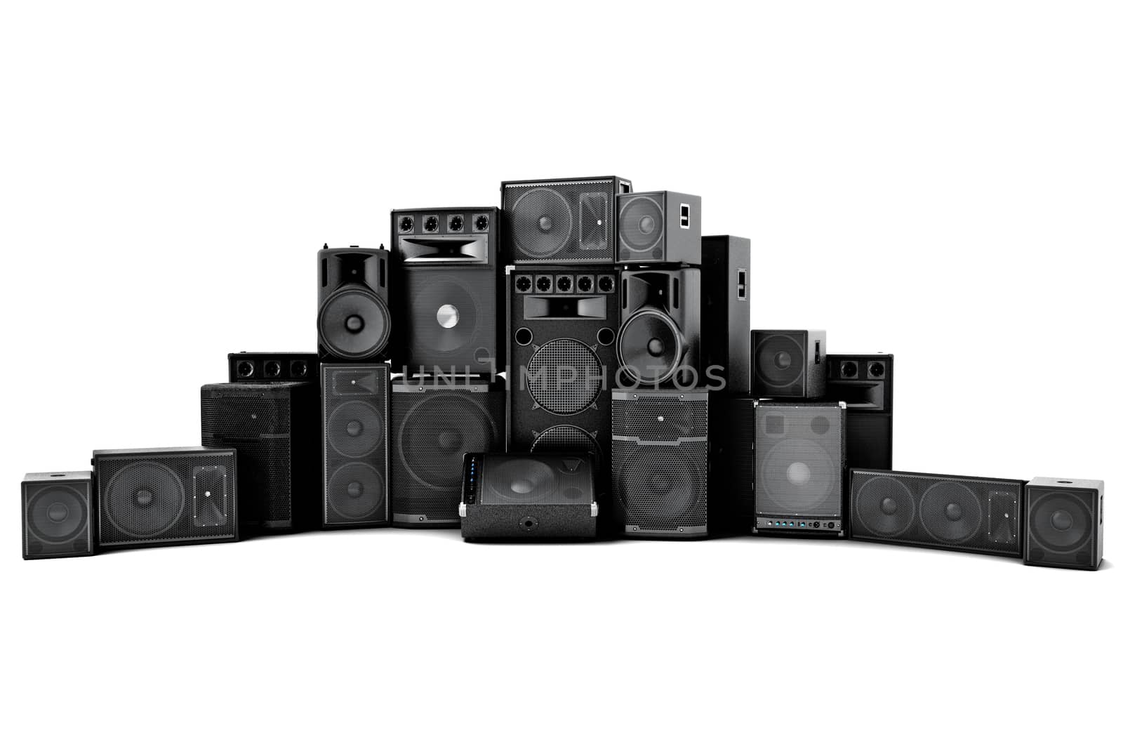 Large group of speakers in a row, loud or abused concept on a white background.