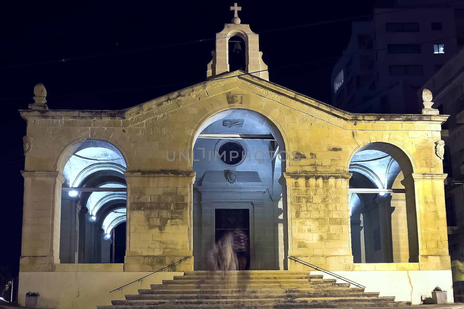 Night view of the 17th century church of St Paul’s Bonfire in St Paul’s Bay - San Pawl il-Bahar, Malta