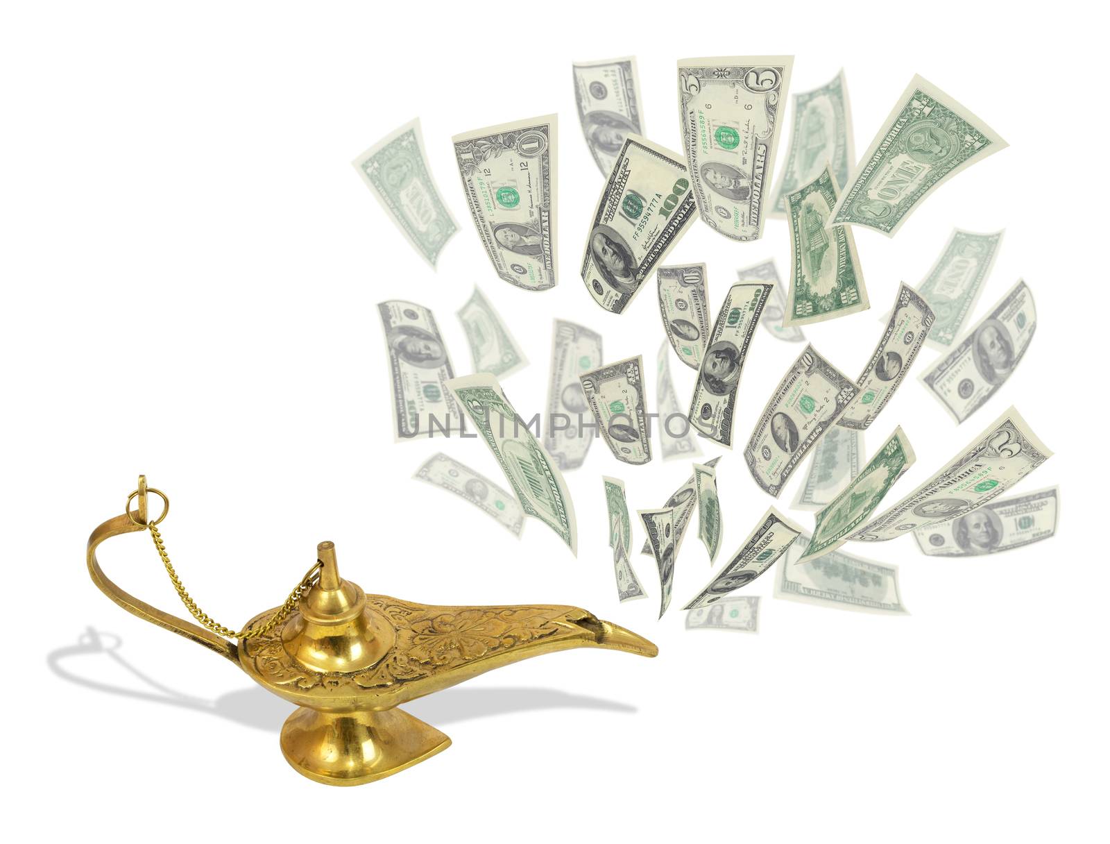 Money fly out of Aladdin's magic lamp by cherezoff