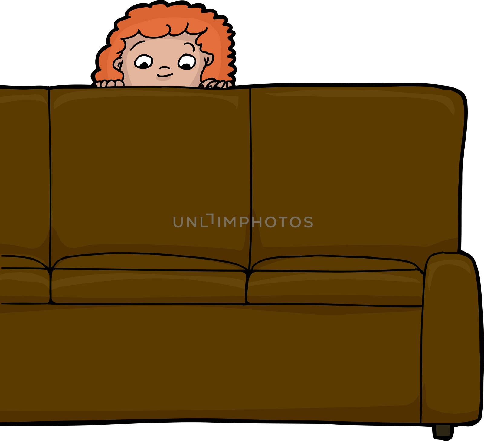 Scared red haired child looking from behind sofa