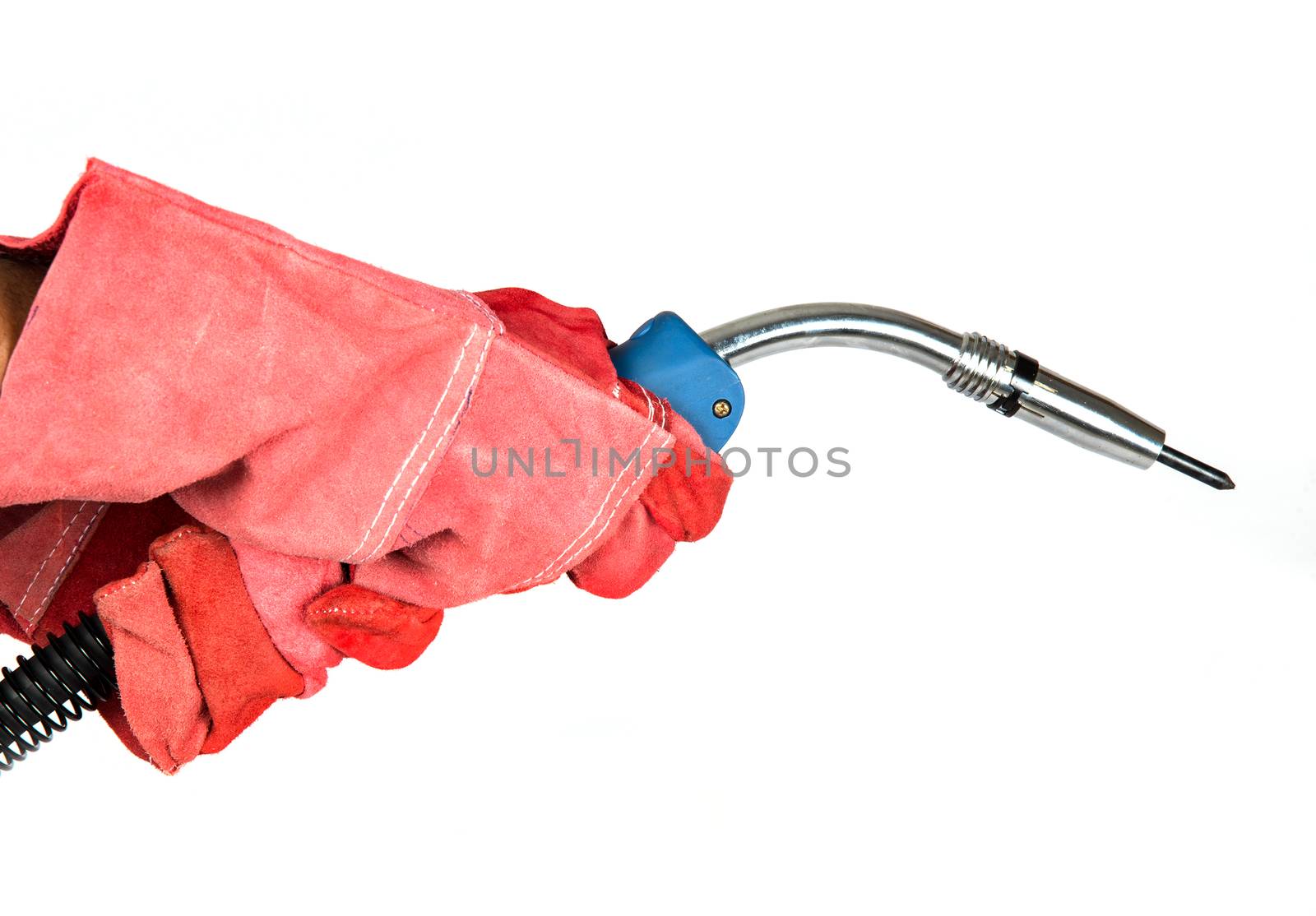 Hand holding welding gun silated on white