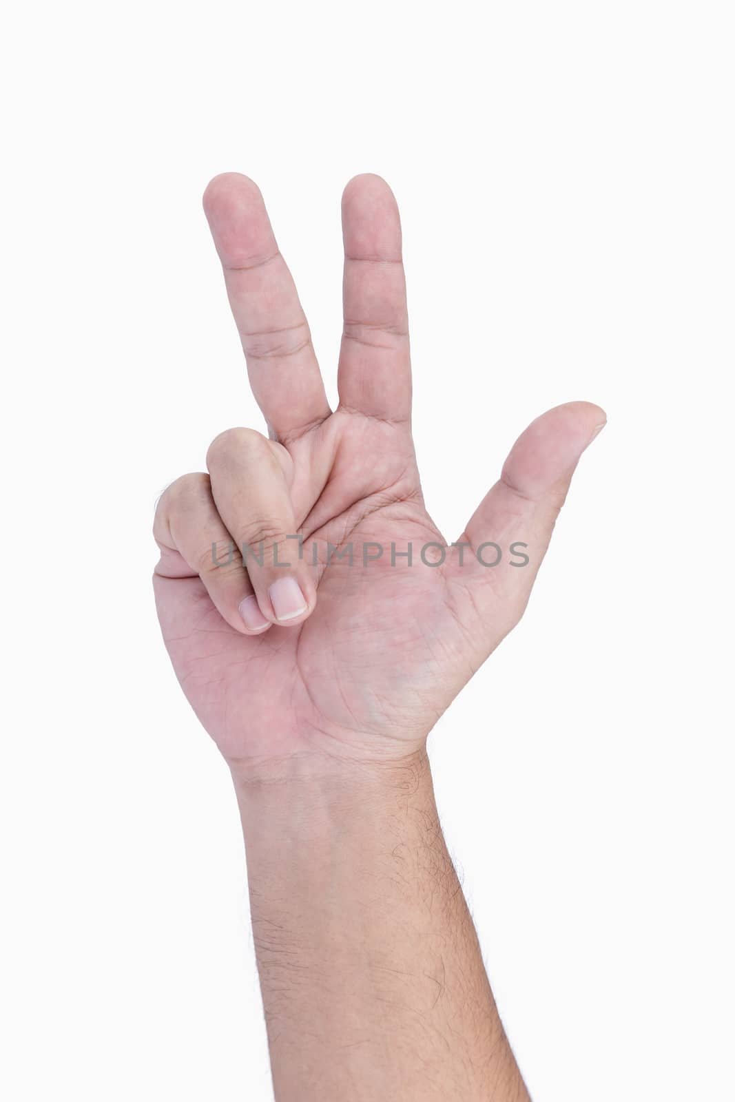 Human hand show sign three finger isolated on white background
