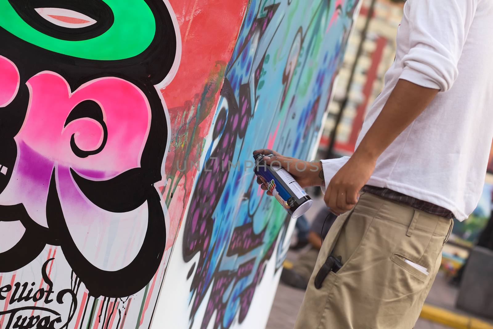 LIMA, PERU - MARCH 3, 2012: Unidentified young man spraying a wall on the Latir Latino, the first Latin-American Street Art Festival on March 3, 2012 in Miraflores, Lima, Peru. Many national and international street artists participated on this Festival, which was organised by the Municipality of Miraflores.