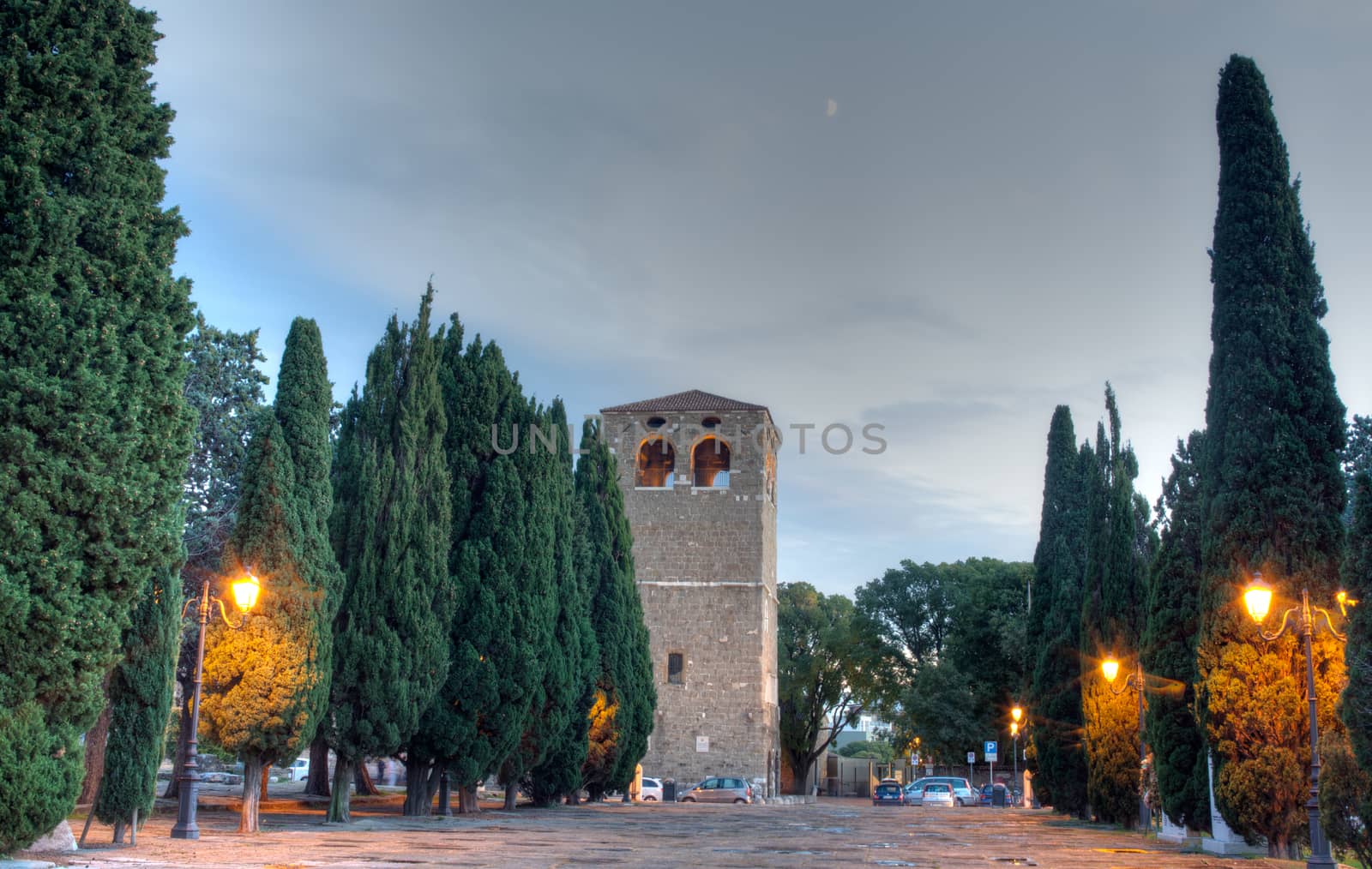 Tower of the St. Giusto basilica at sunset in Trieste