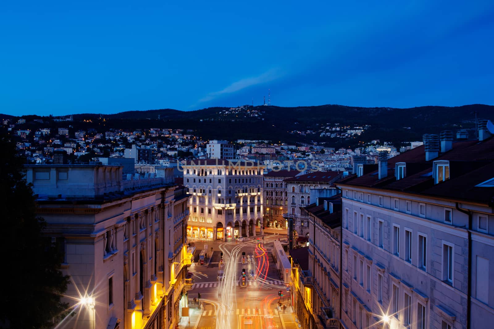 View of Piazza Goldoni at sunset in Trieste