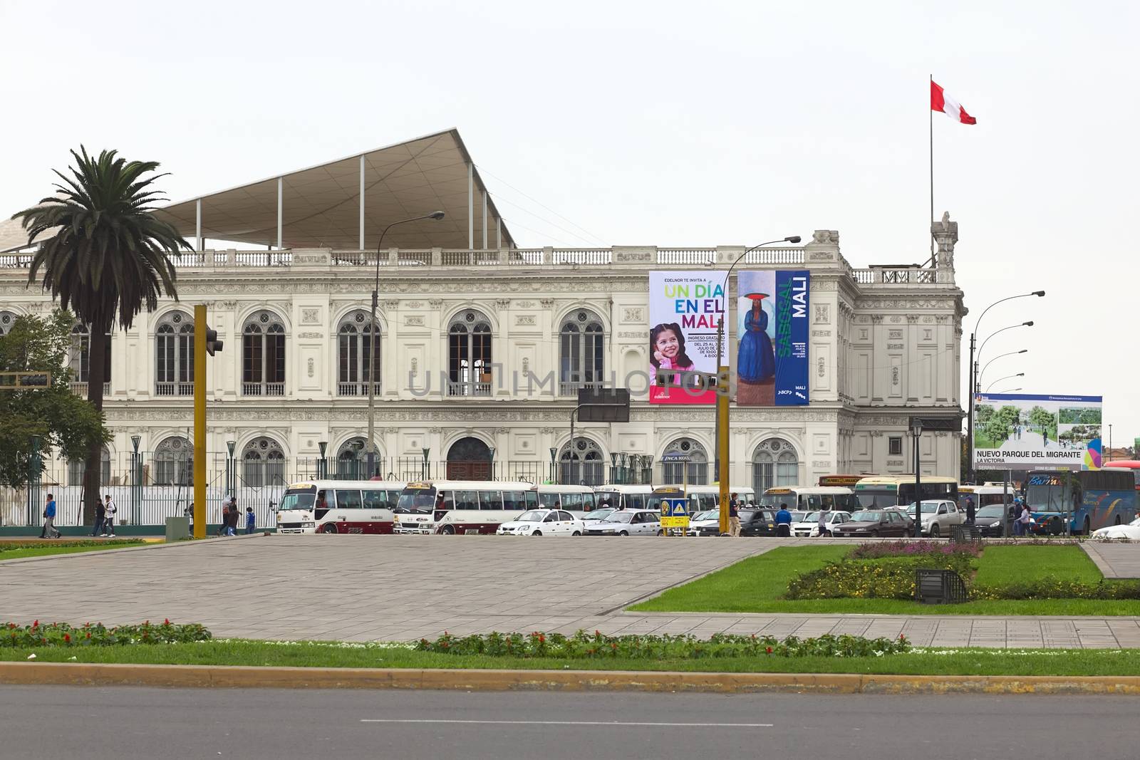 LIMA, PERU - JULY 21, 2013: MALI, the Art Museum of Lima in the Parque de la Exposicion in the city center with Plaza Grau in the front on July 21, 2013 in Lima, Peru