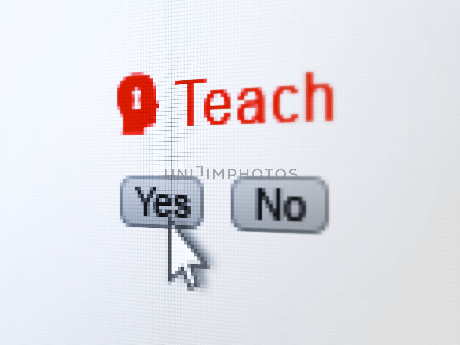 Education concept: buttons yes and no with pixelated Head With Keyhole icon, word Teach and Arrow cursor on digital computer screen, selected focus 3d render