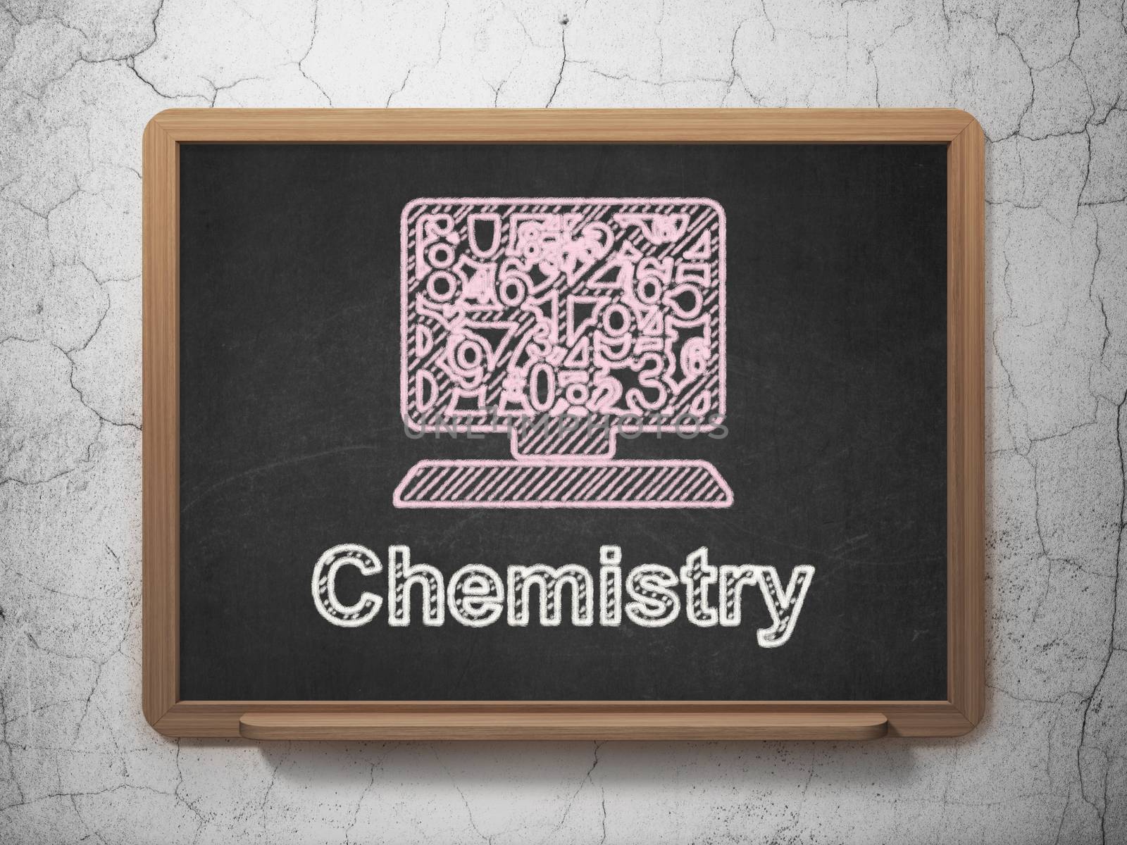 Education concept: Computer Pc icon and text Chemistry on Black chalkboard on grunge wall background, 3d render