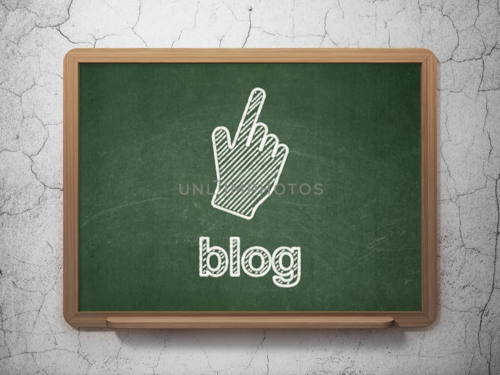 Web development concept: Mouse Cursor icon and text Blog on Green chalkboard on grunge wall background, 3d render