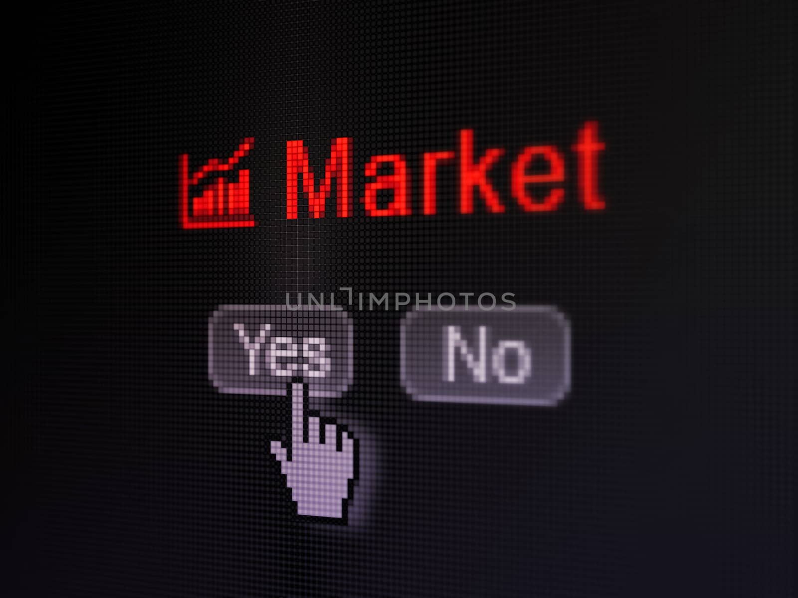 Finance concept: buttons yes and no with pixelated Growth Graph icon, word Market and Hand cursor on digital computer screen, selected focus 3d render