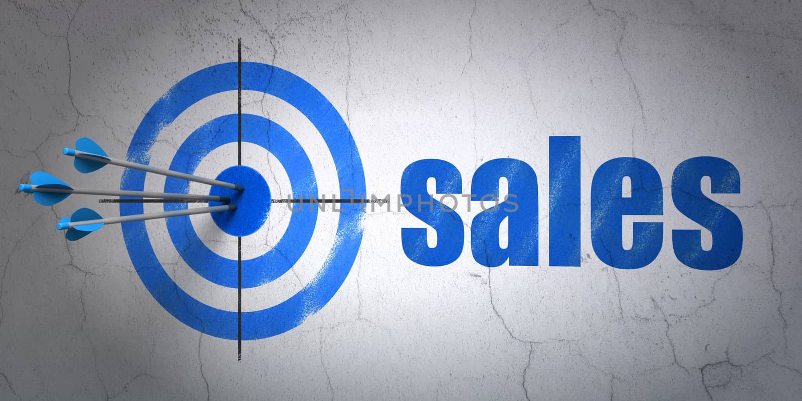 Success advertising concept: arrows hitting the center of target, Blue Sales on wall background, 3d render