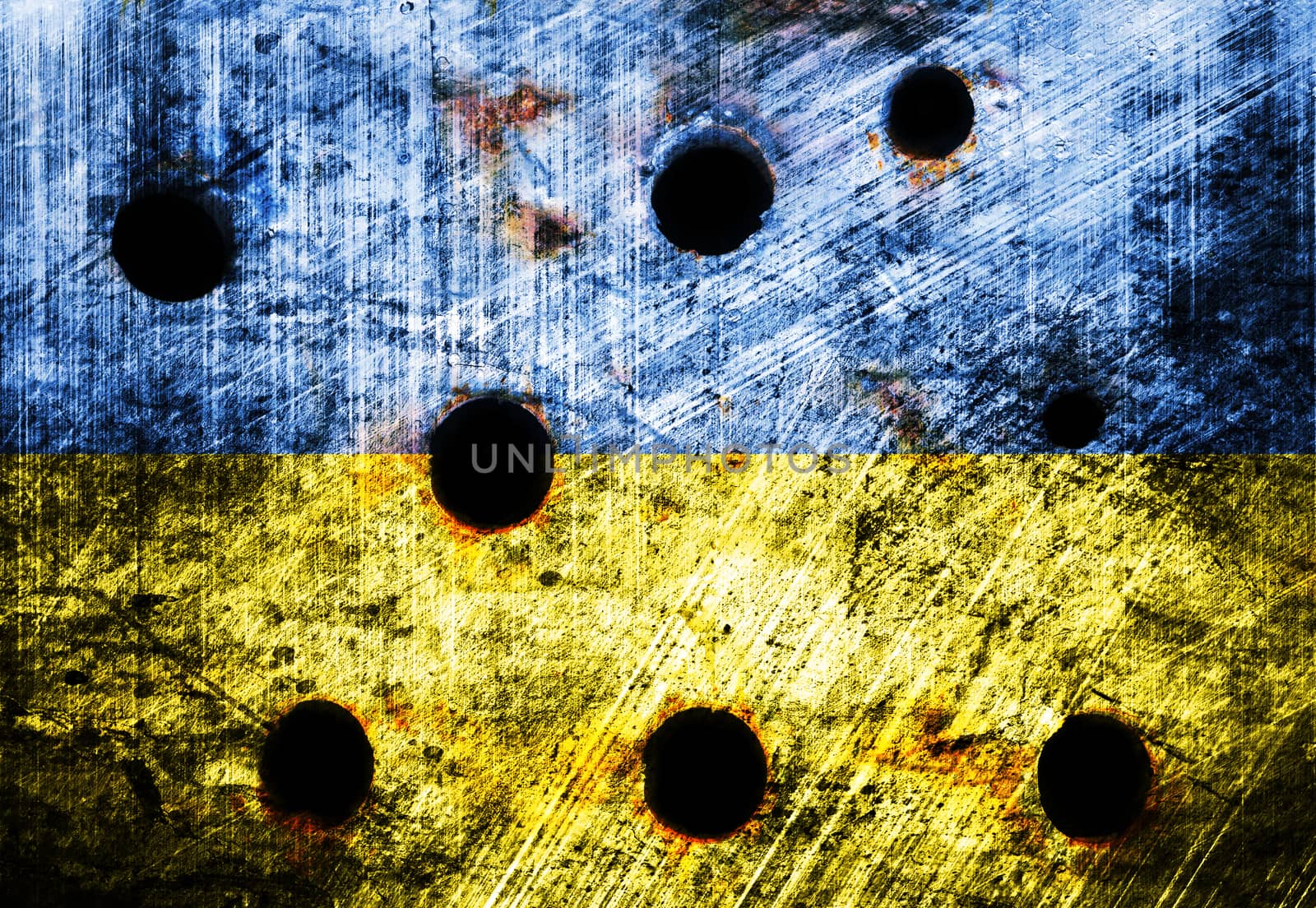 Ukraine flag on metal wall with bullet holes