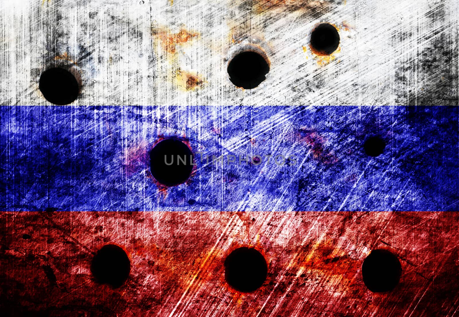 Russia fla painted on metal plate with bullet holes