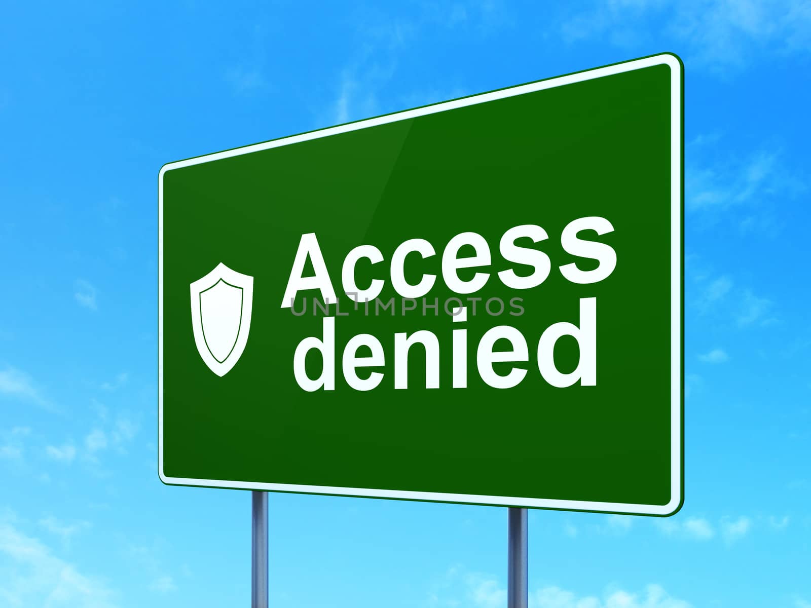 Privacy concept: Access Denied and Shield icon on green road (highway) sign, clear blue sky background, 3d render