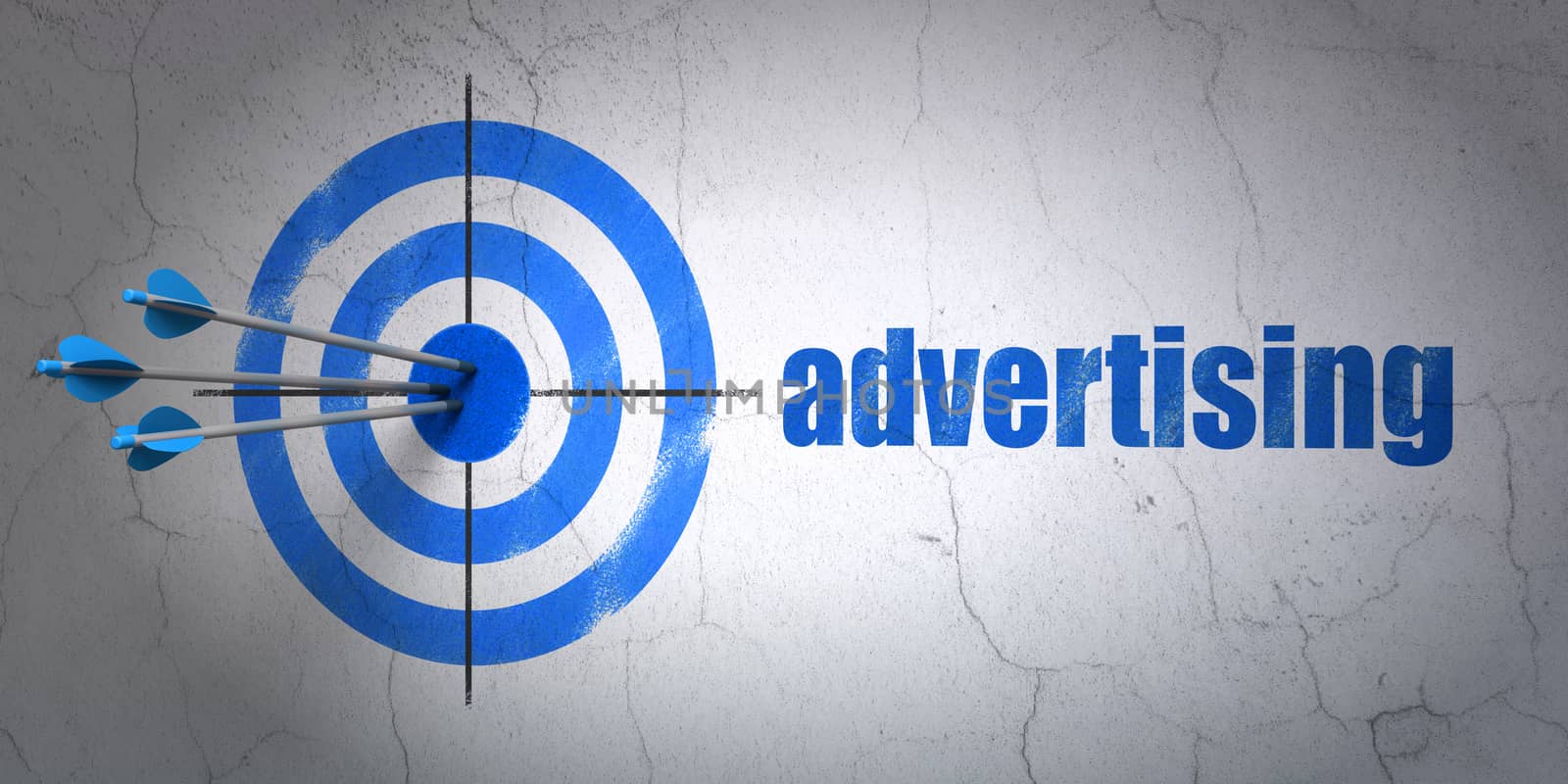 Success marketing concept: arrows hitting the center of target, Blue Advertising on wall background, 3d render