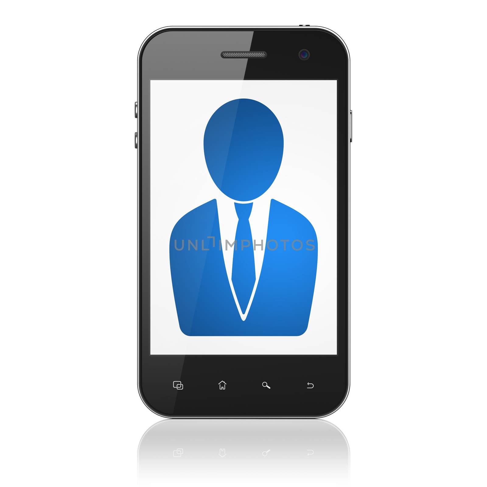 News concept: smartphone with Business Man icon on display. Mobile smart phone on White background, cell phone 3d render